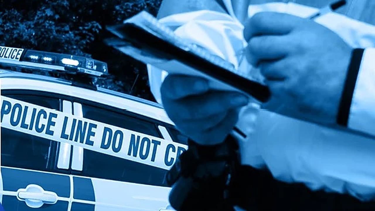 A police officer writing notes beside a police car with police line do not cross tape, in a blue tint