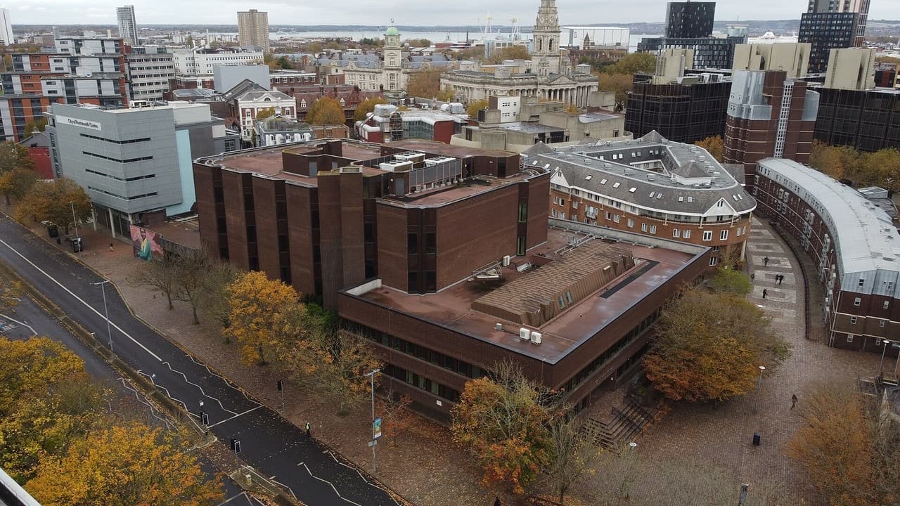 Aerial view of Portsmouth Crown Court and surrounding buildings on an overcast autumn day