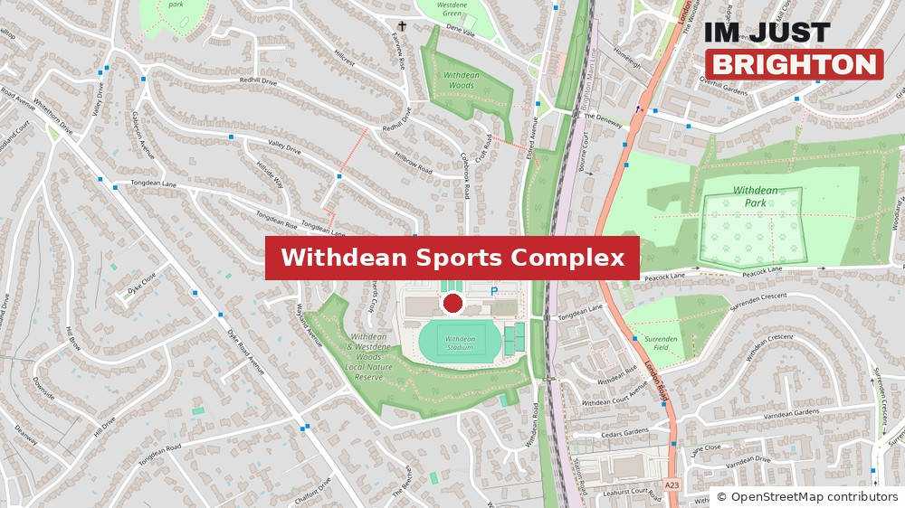 Map of Brighton showing Withdean Sports Complex beside Tongdean Lane, close to Withdean Park and the London Road