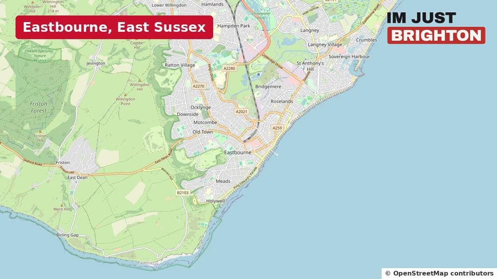 A map of Eastbourne and the East Sussex coast with the town labelled in a red box