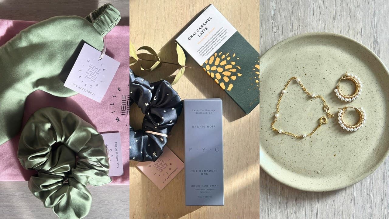 A silk eye mask and scrunchie, chocolate and hand cream, and pearl jewellery from No.64's Christmas gift guide