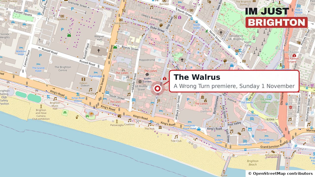Map of central Brighton showing The Walrus on Ship Street, where A Wrong Turn premieres on 1 November