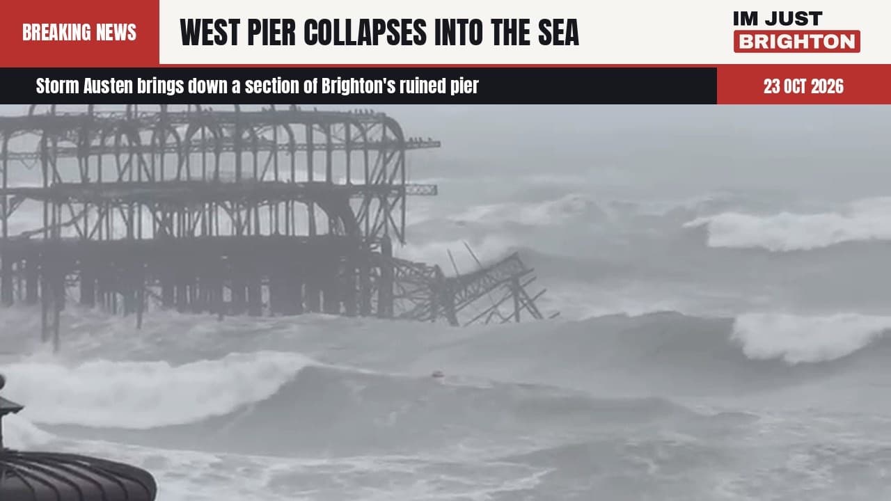 The skeletal iron frame of the West Pier standing in rough grey sea with a collapsed section of girders tilted in the water beside it, under a BREAKING NEWS banner reading West Pier collapses into the sea