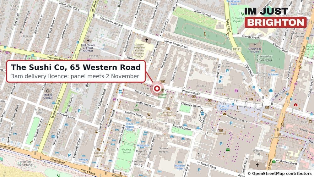 Map of Western Road in Brighton marking The Sushi Co at number 65, where a licence for late-night delivery until 3am is being considered