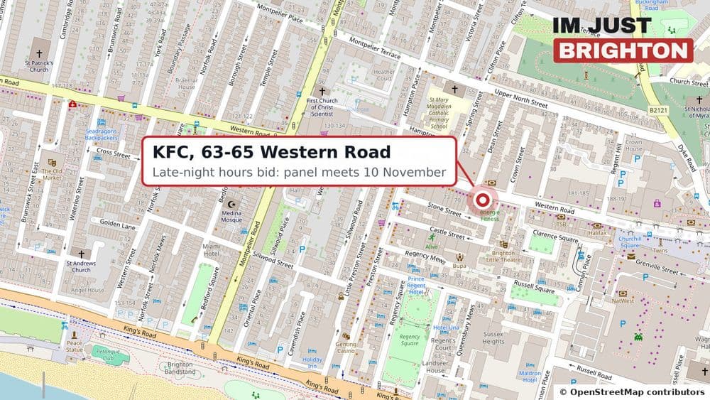 Map of Western Road in Brighton marking the KFC restaurant at numbers 63 to 65, where an application to extend late-night hours goes to a council licensing panel