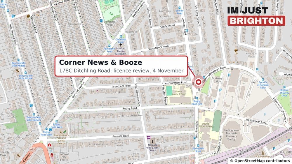 Map of Ditchling Road in Brighton marking Corner News and Booze at number 178C, where Sussex Police are asking for the alcohol licence to be reviewed