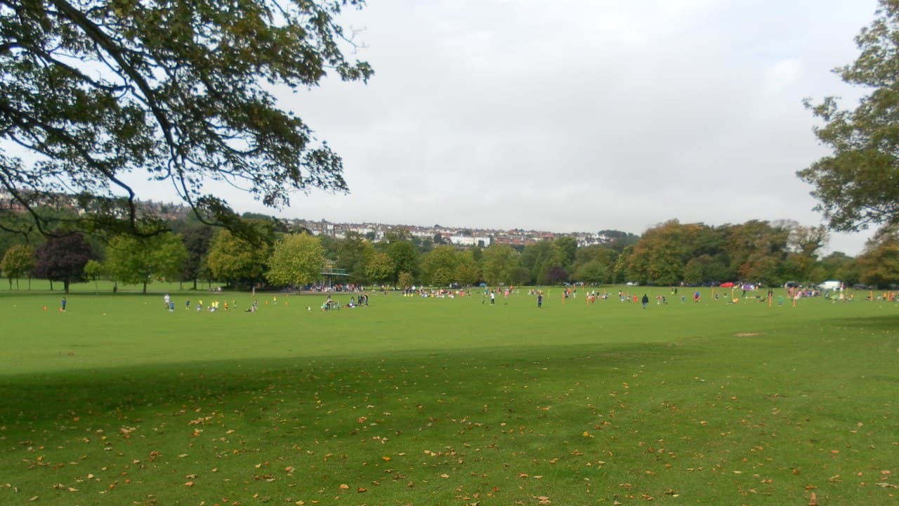 A wide green park with autumn leaves on the grass, trees on either side, small groups of people in the distance and houses on a hillside under a cloudy sky