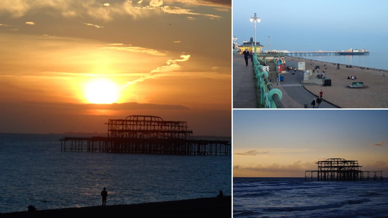Collage of the sun setting behind the West Pier ruins, Brighton seafront at dusk with the Palace Pier lit up, and the West Pier at dusk (file photos)