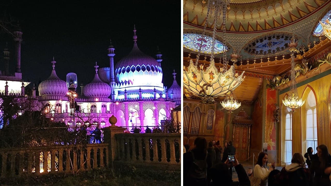 Collage of the Royal Pavilion lit up at night in Brighton and the Music Room inside with its lotus chandeliers