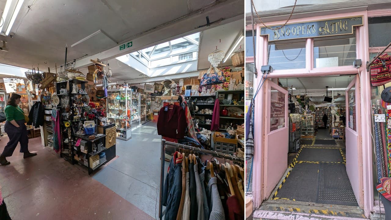 Collage of the inside of Snoopers Paradise, the antiques and vintage emporium in Brighton, and its pink entrance on Kensington Gardens