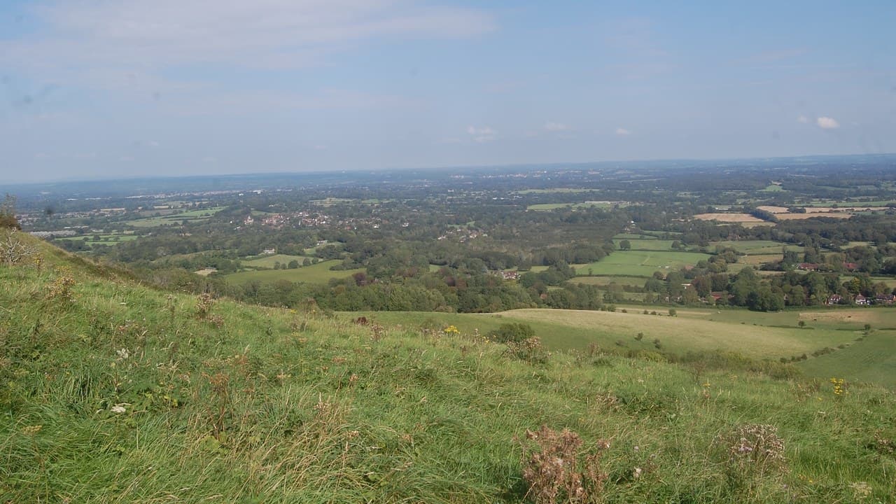 View from a grassy slope of the South Downs over the Sussex Weald, with fields, woods and villages stretching to a hazy horizon under a pale blue sky