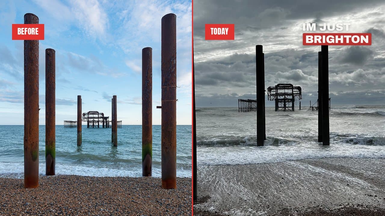 Two photos of the West Pier from the same spot on the beach: before in blue sky and calm sea, and today in grey cloud and rough surf with the ironwork broken into separate pieces