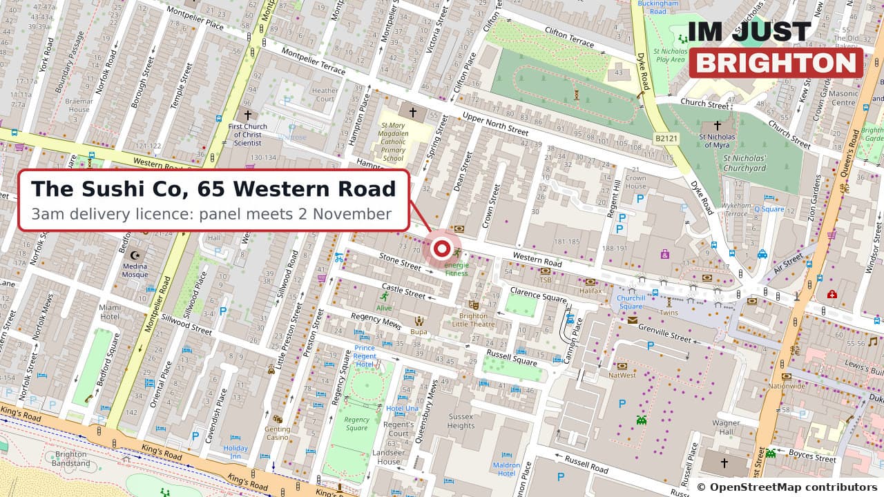 Map of Western Road in Brighton marking The Sushi Co at number 65, where a 3am delivery licence goes before a council panel on 2 November 2026