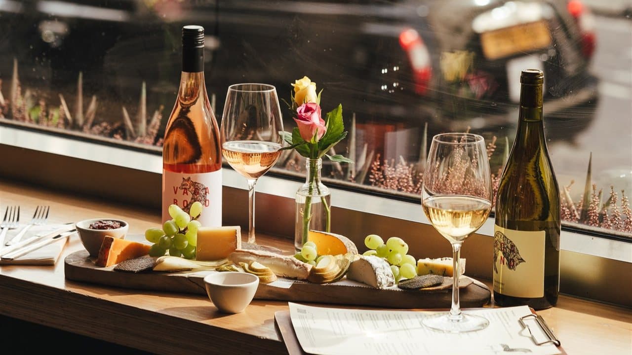 A cheese board, two glasses of wine and two bottles on a window ledge at a Vagabond wine bar