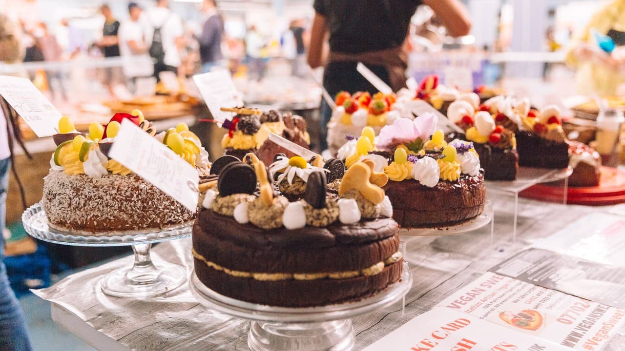 Vegan cakes and desserts on display at an earlier VegfestUK show